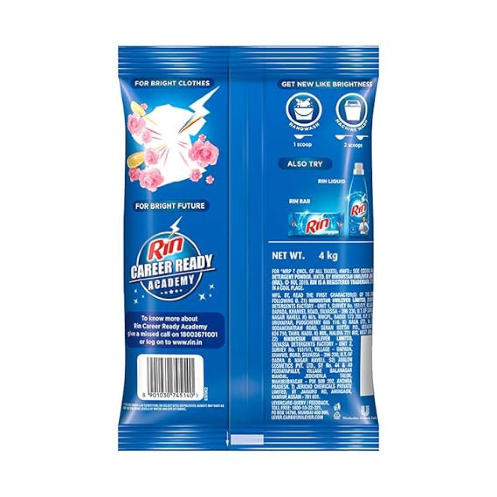 Rin Detergent Powder 4 kg & RIN Detergent Bar - 250 g (Pack of 4)